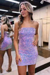 Glitter Sheath Strapless Purple Sequins Short Homecoming Dress